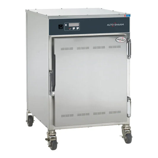 Stainless steel commercial kitchen appliance with Alto Shaam logo on a white background