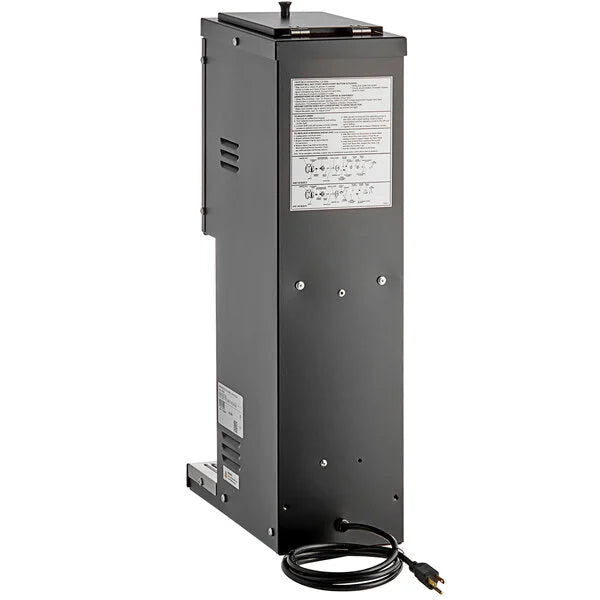 Black electrical component with labels and a cord on a white background