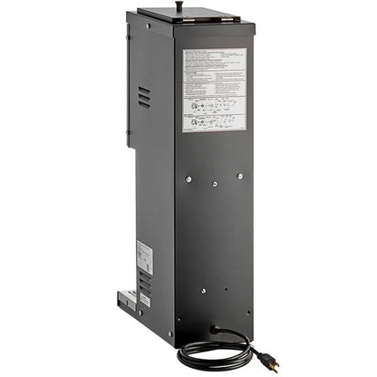 Black electrical component with labels and a cord on a white background