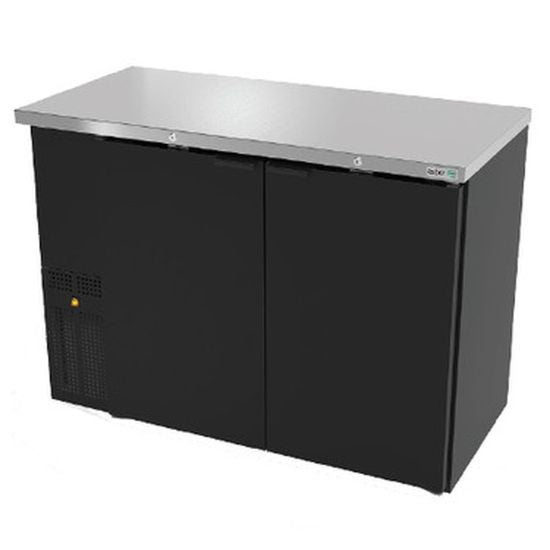 Black undercounter refrigerator with stainless steel top on a white background