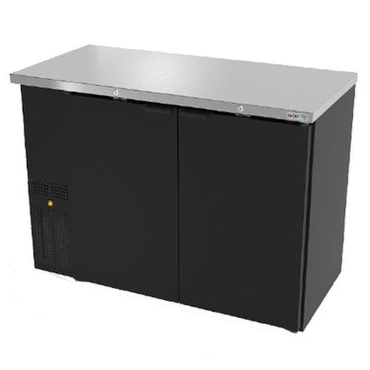 Black undercounter refrigerator with stainless steel top on a white background