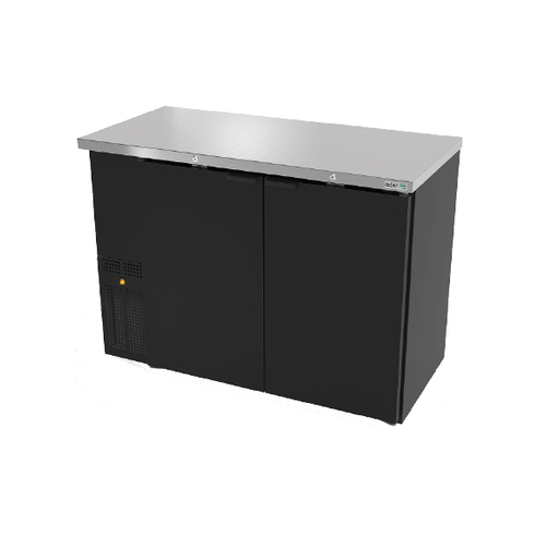 Black undercounter refrigerator with stainless steel top on a white background