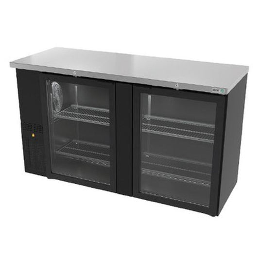 Black refrigerated bar with glass doors on a white background