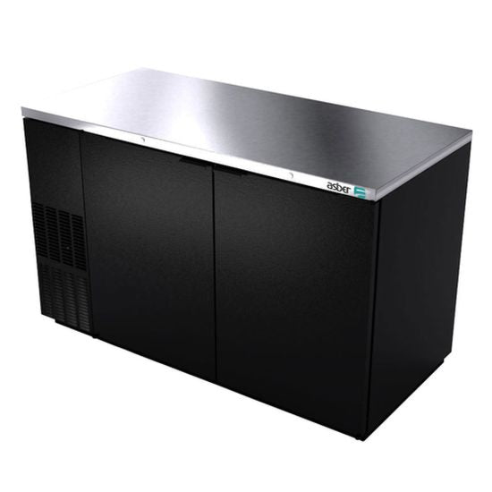Black refrigerated counter with stainless steel top on a white background
