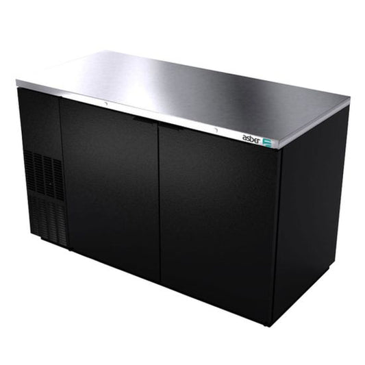 Black refrigerated counter with stainless steel top on a white background