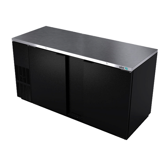 Black refrigerated bar counter with stainless steel top on a white background