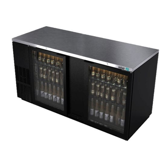 Black refrigerated bar with glass doors displaying bottles on a white background