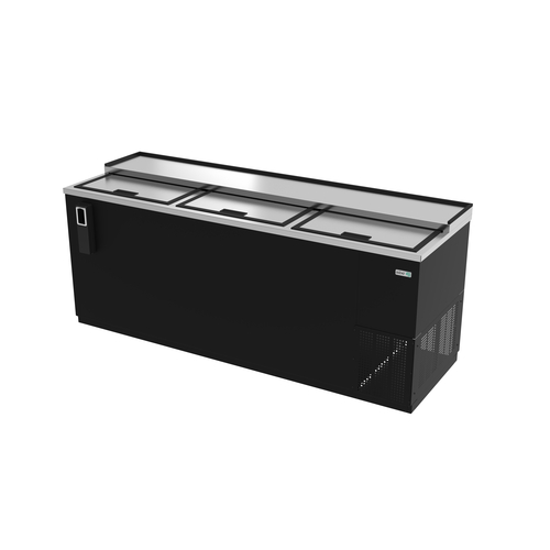 Black refrigerated display case with glass top on a white background