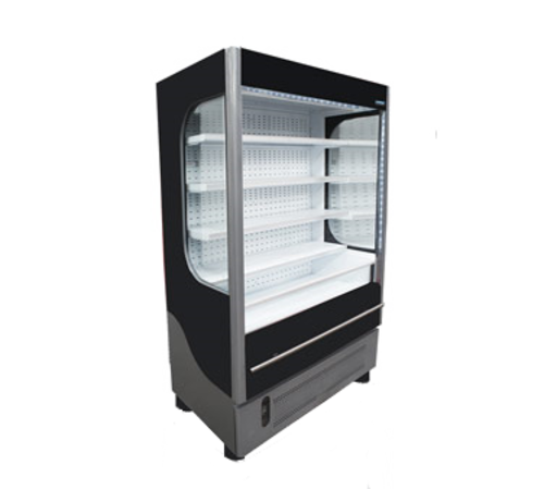 Black and gray refrigerated display case with glass door on a white background