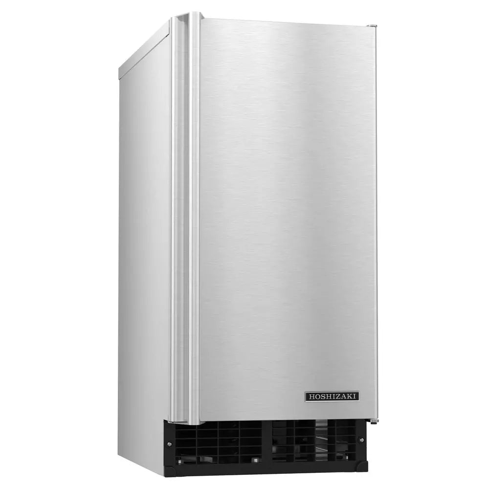 Stainless steel Hoshizaki ice maker on a white background