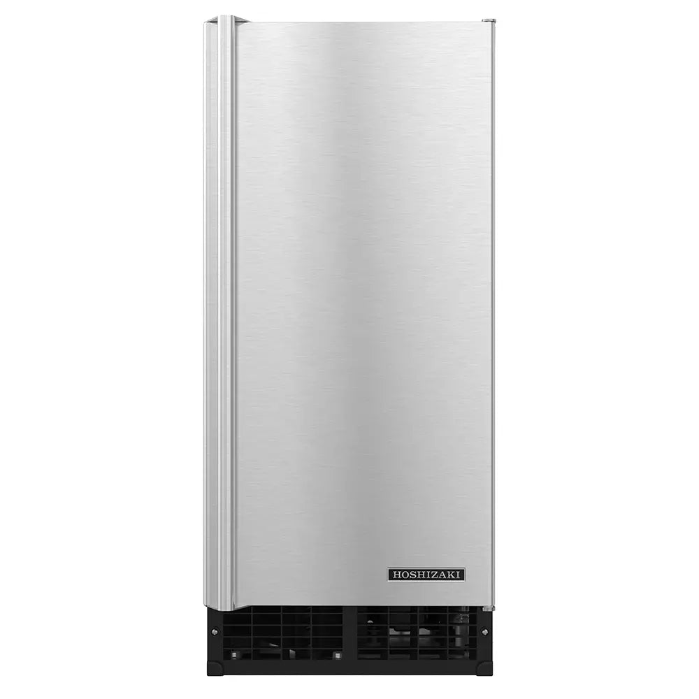 Stainless steel Hoshizaki ice machine on a white background
