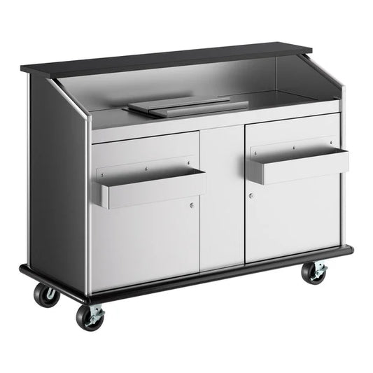 Metallic kitchen cart with drawers and cabinets on a white background