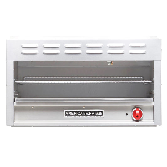 Stainless steel wall-mounted oven with American Range logo on a white background