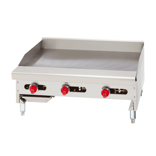 Stainless steel griddle with red control knobs on a white background