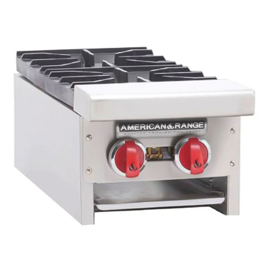 Stainless steel hot plate with two red knobs on a white background, branded 'American Range'.