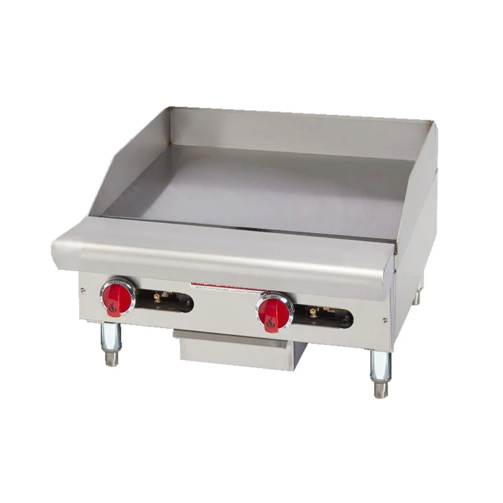 Stainless steel griddle with red control knobs on a white background