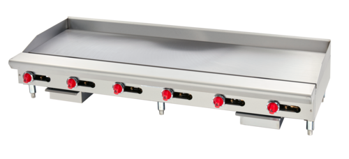 Stainless steel griddle with red control knobs on a white background