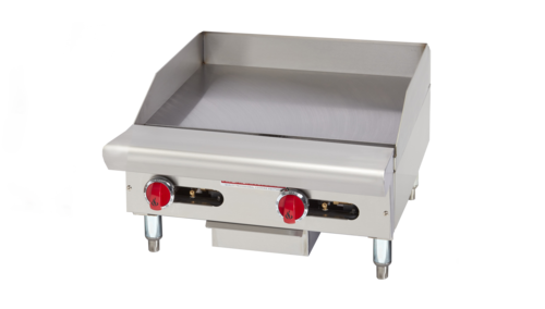 Stainless steel griddle with red control knobs on a white background