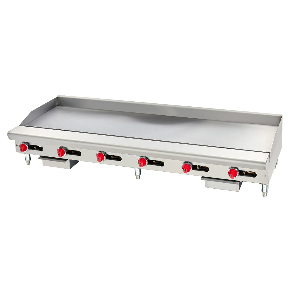 Stainless steel griddle with red heating elements on a white background