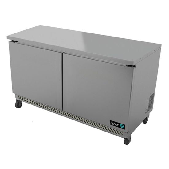 Stainless steel undercounter refrigerator with two doors on a white background