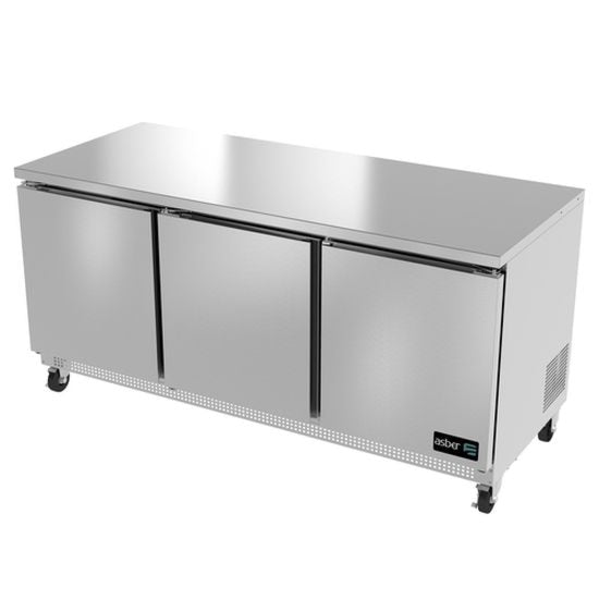 Stainless steel refrigerator with three doors on a white background