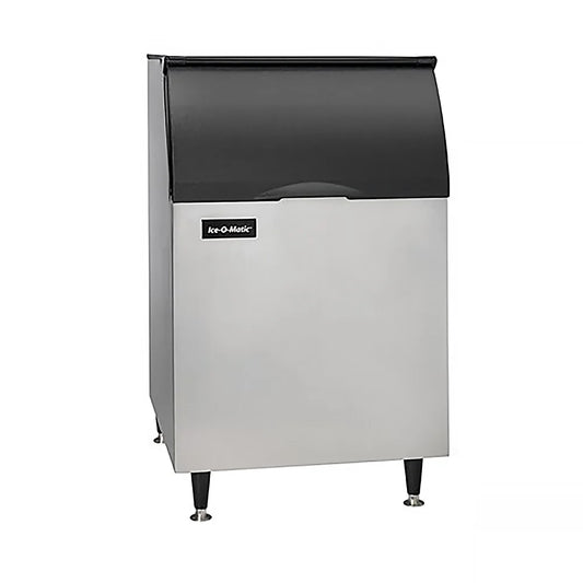 Ice machine with black top and silver body on a white background