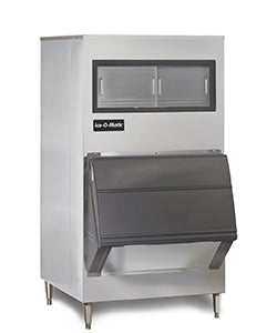 Ice machine with a white exterior and stainless steel front on a white background