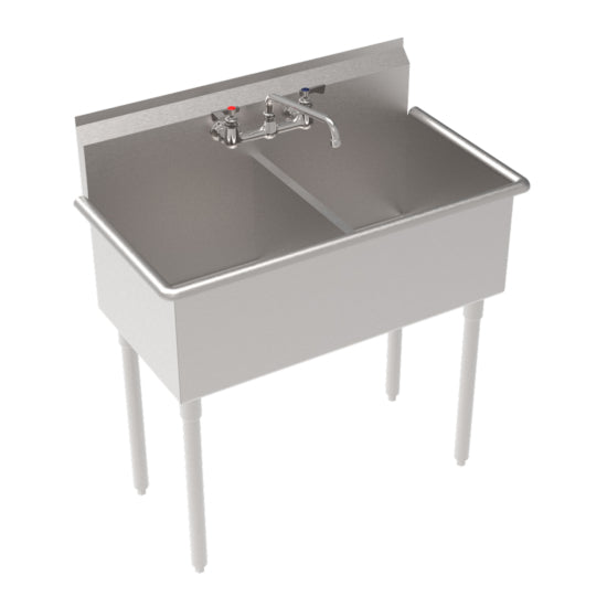 Stainless steel sink with faucet on a white background