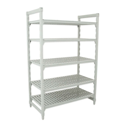 White metal shelving unit with four shelves on a white background