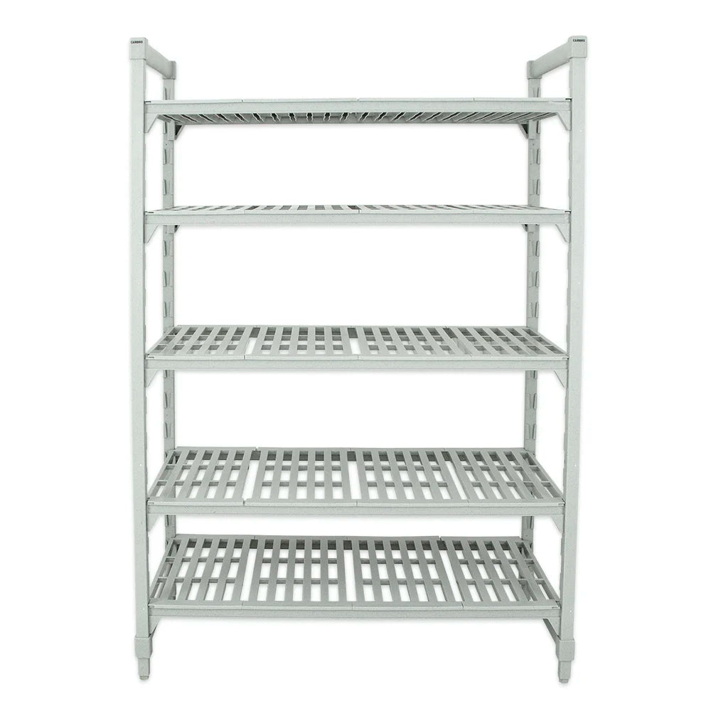 Metal shelving unit with five shelves on a white background