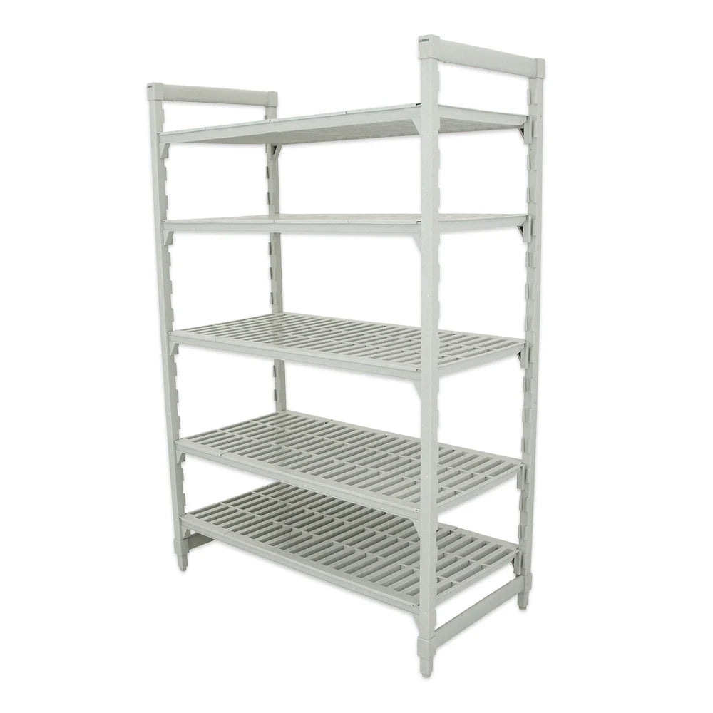 White metal shelving unit with four shelves on a white background