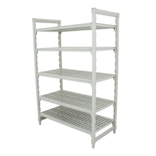 White metal shelving unit with four shelves on a white background