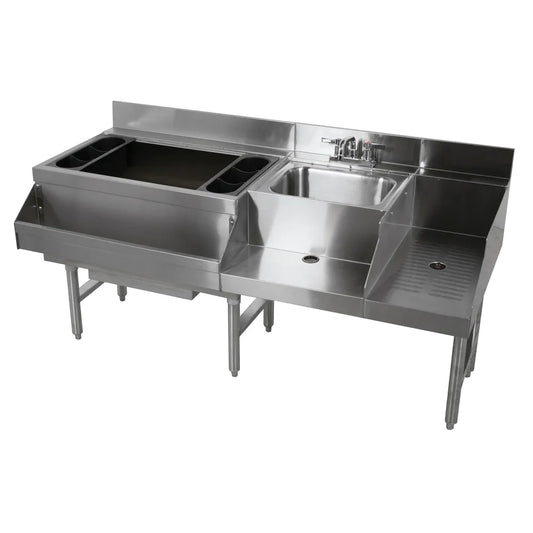 Stainless steel commercial kitchen sink with multiple basins on a white background