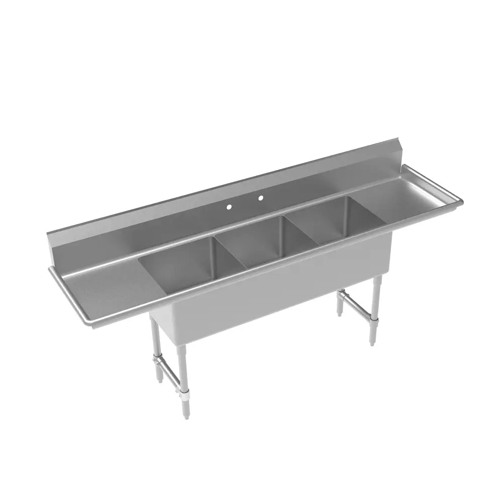 Stainless steel commercial sink with three compartments on a white background