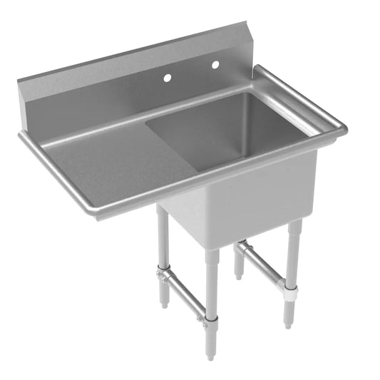 Stainless steel kitchen sink with a stand on a white background
