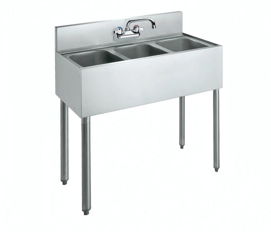 Stainless steel sink with faucet on a white background