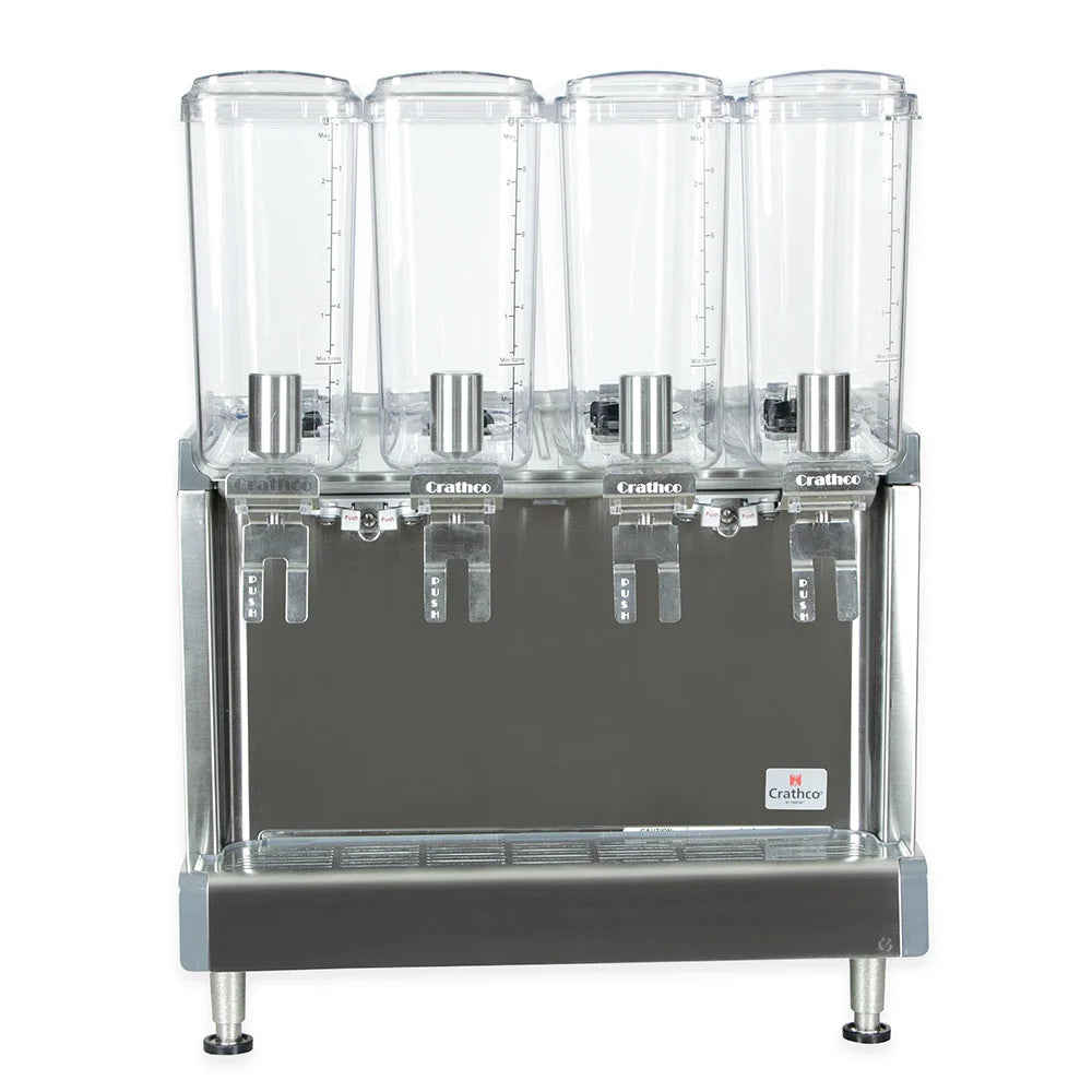 Four-bottle drink dispenser with clear bottles and metal base on a white background