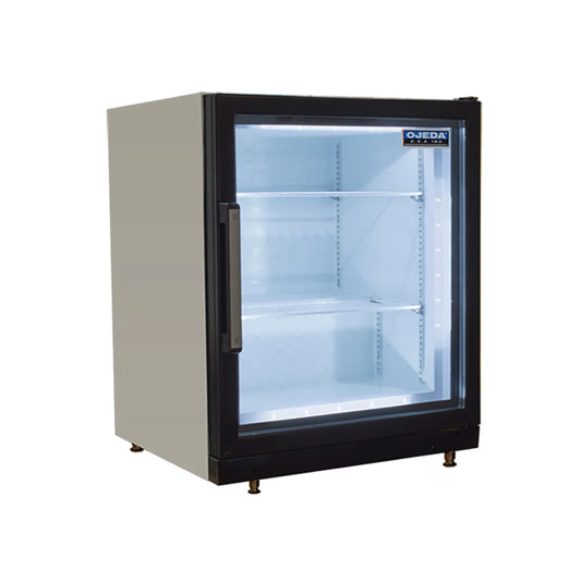 Commercial refrigerator with glass door on a white background