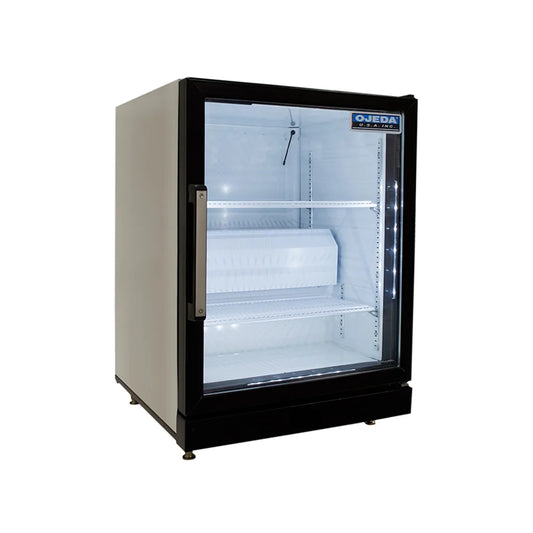 Commercial refrigerator with glass door on a white background