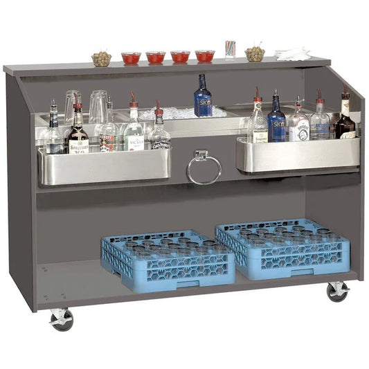 Bar cart with liquor bottles, glasses, and crates on a white background