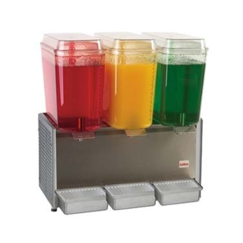Three-color drink dispenser with red, yellow, and green liquids on a white background