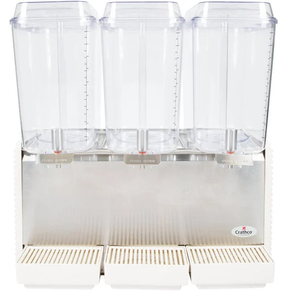 Three-compartment drink dispenser with clear containers and a white base, featuring the brand 'Crathco'.