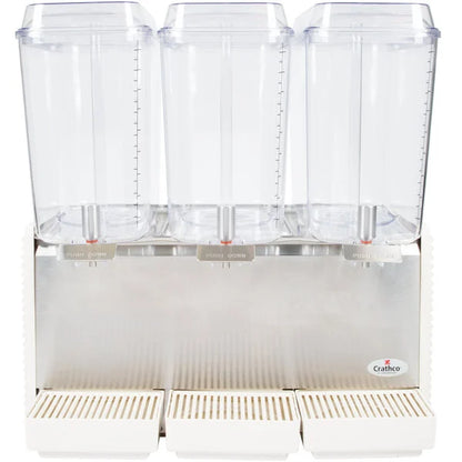 Three-compartment drink dispenser with clear containers and a white base, featuring the brand 'Crathco'.