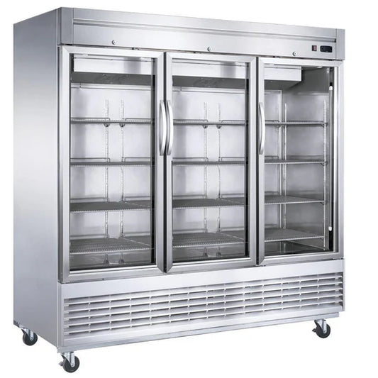 Commercial refrigerator with glass doors on a white background