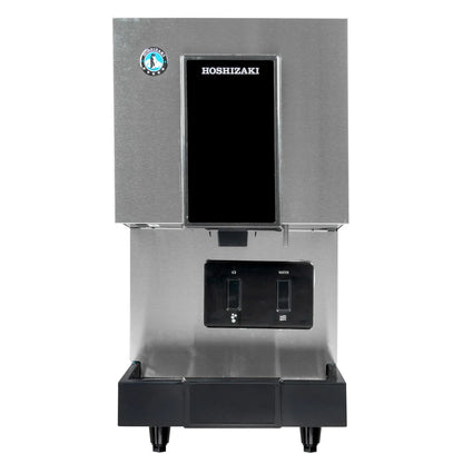Stainless steel Hoshizaki ice machine on a white background