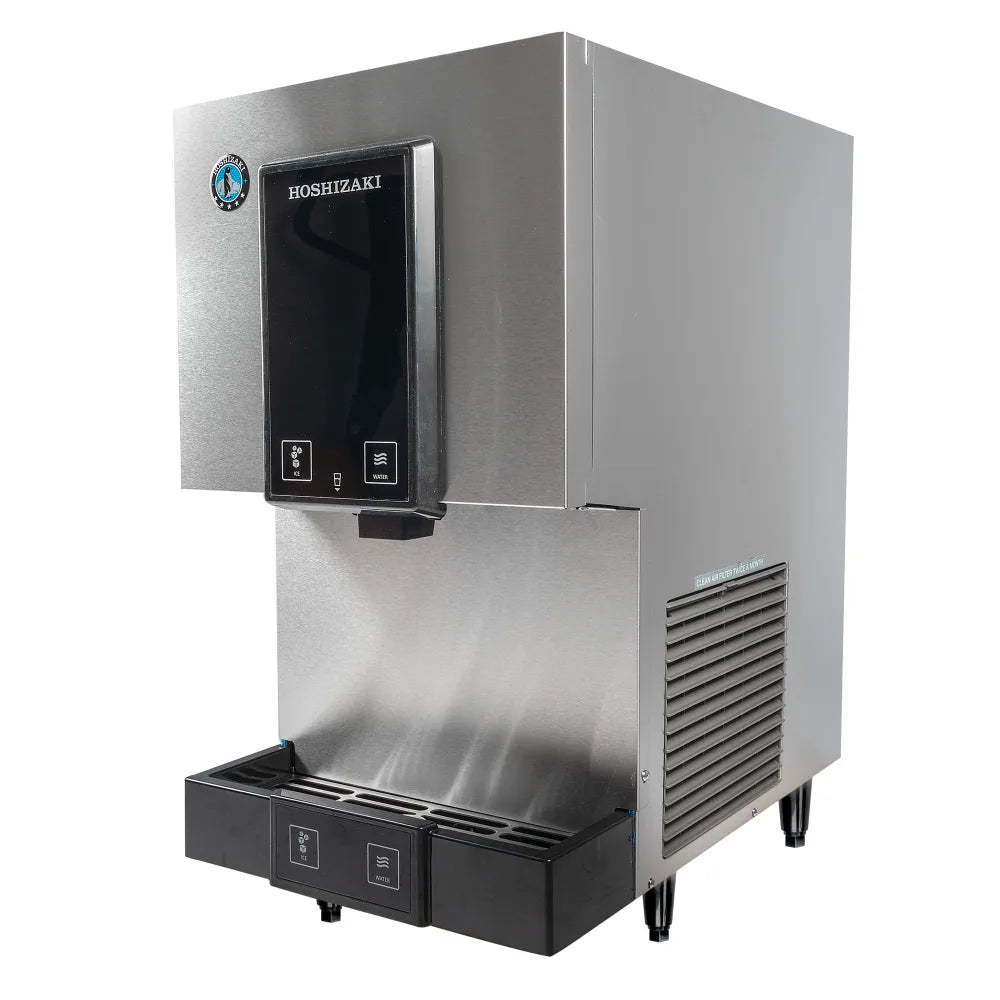 Stainless steel Hoshizaki ice machine on a white background