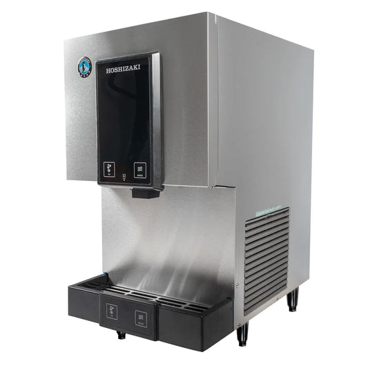 Stainless steel Hoshizaki ice machine on a white background