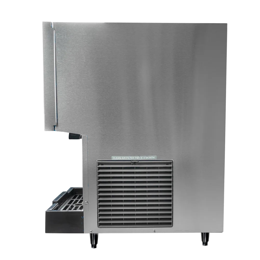 Stainless steel ice machine on a white background