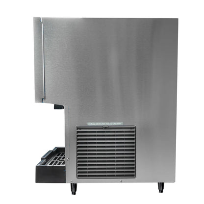 Stainless steel ice machine on a white background
