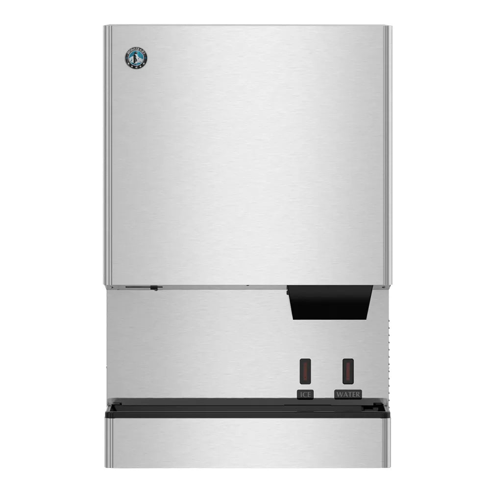 Stainless steel refrigerator with water and ice dispenser on a white background